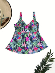  Boho Tankini Set Tropical Print V Neck Cami Top & Shorts