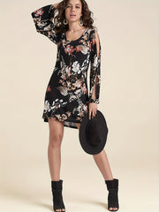  Floral Print Cut Out Lantern Sleeve Round Neck Stretch Dress