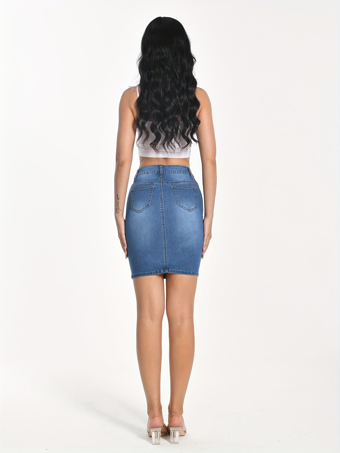 Stretchy Bodycon Denim Skirt Zipper Closure Slash Pocket Women's Jeans