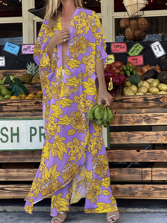 Purple Floral Pattern 2 Pc Swimsuit & Cover Up Set