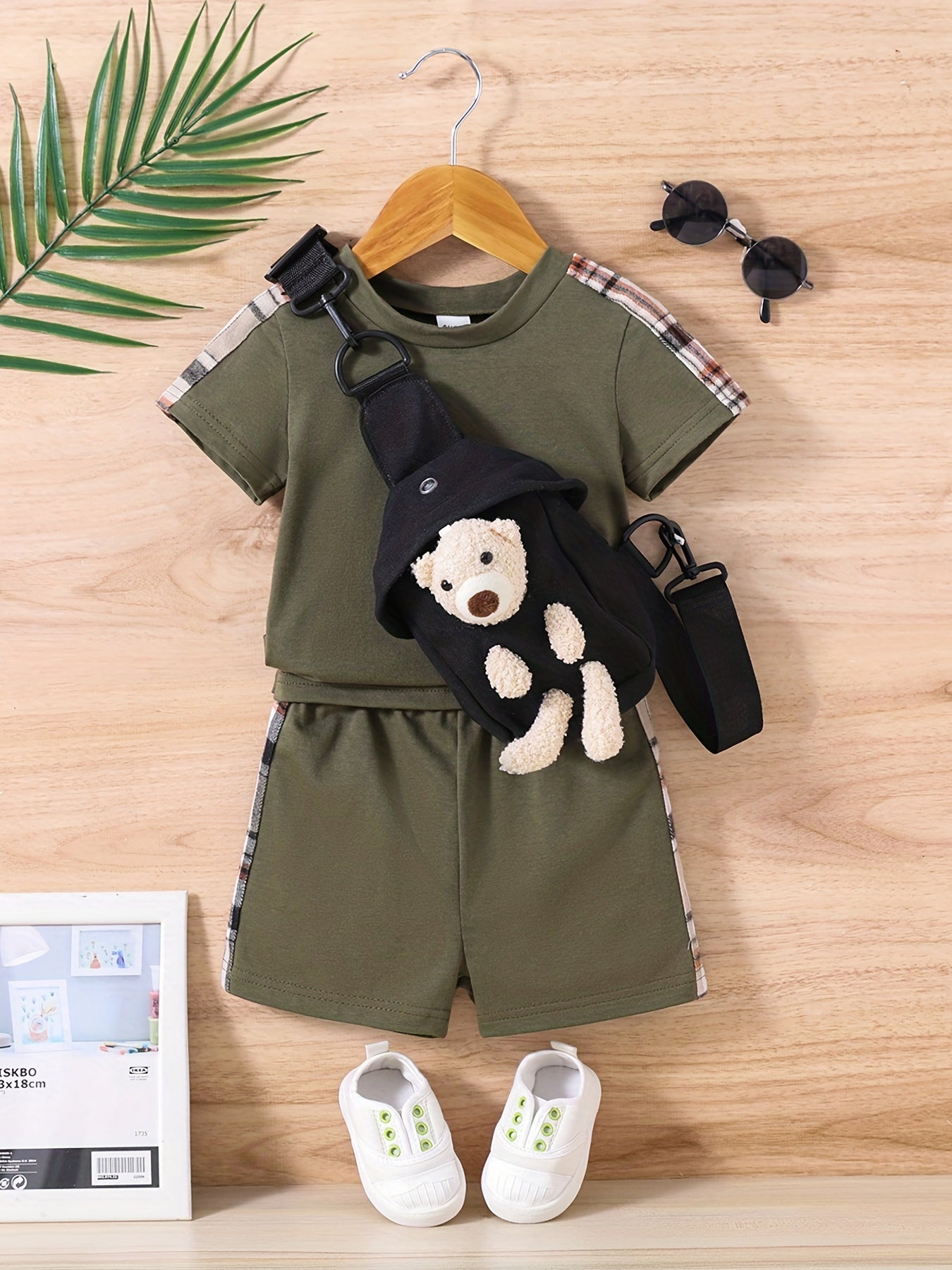 Toddler Boys Casual Outfit Set with T-shirt, Shorts, and Bear Bag