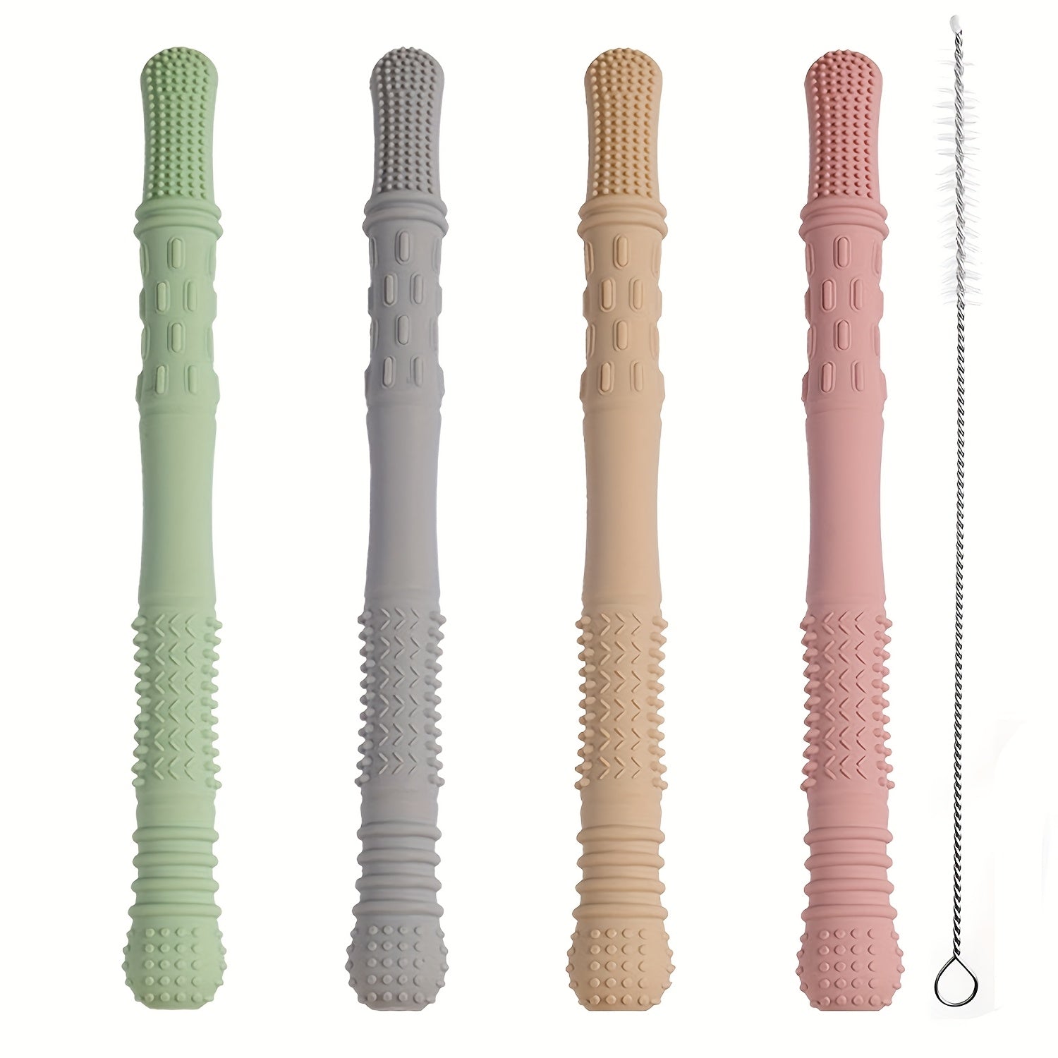 4 Pack Hollow Teether Tube Chew Straws Silicone Teething Toys Mint Green