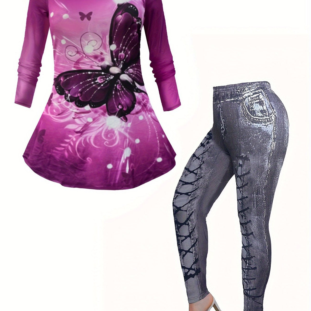  Casual Outfits Set Women's Plus Butterfly & Denim Tee & Leggings Set