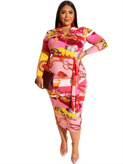 Floral Print Zip Front Long Sleeve Bodycon Dress