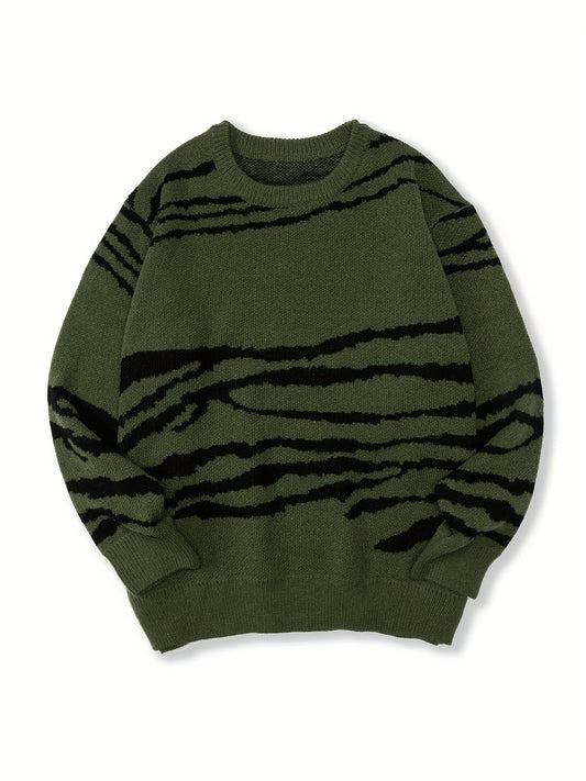 Knitted Lines Print Sweater Men's Crew Neck Pullover