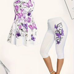 Butterflies Print 2 Pieces Set Sleeveless Tops & Leggings Set