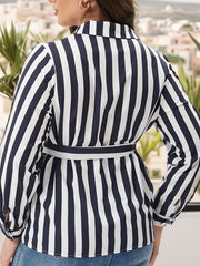 Plus Stripe Print Button Up Sleeve Blouse Women Plus