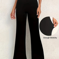  Solid High Rise Flared Leg Stretch Trousers