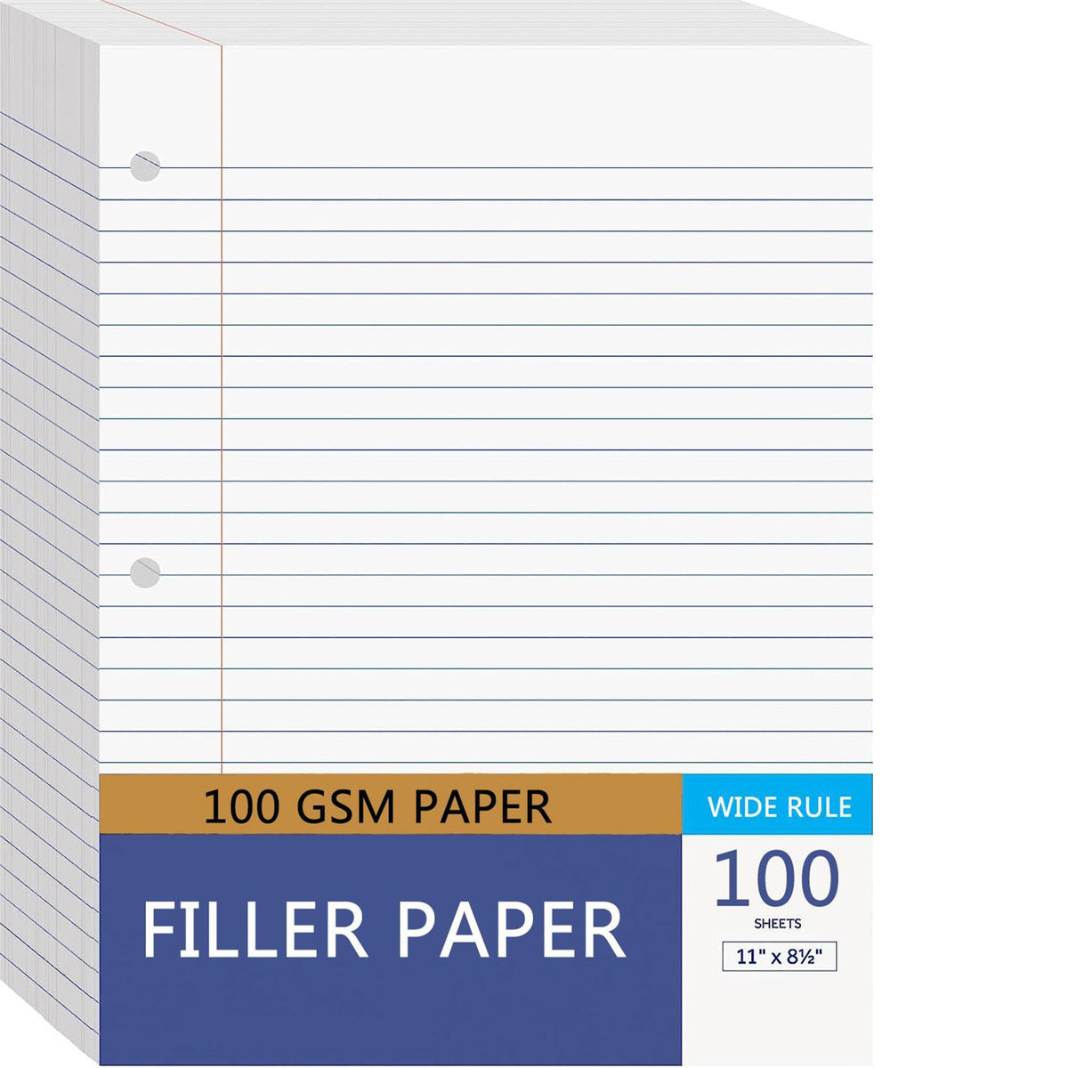 College Rule Filler Paper, 8.5x11, 3 Hole Punched, 100 Sheets/Pack