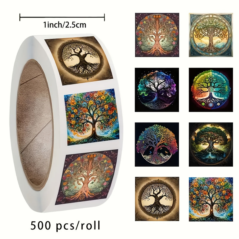 500pcs Tree of Life Stickers Roll - Self Adhesive Designs for Bottles Laptops Ph