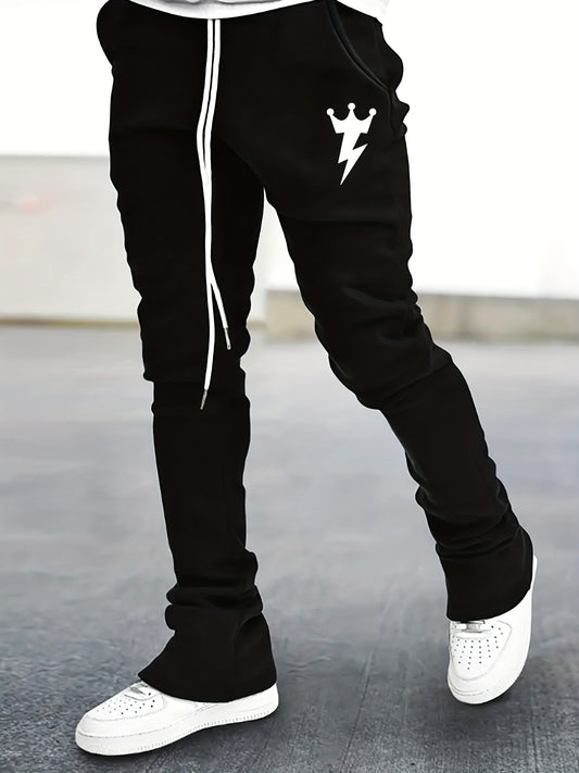 Lightning & Crown Pattern Flared Trousers Men's Casual Joggers