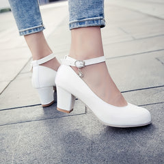Women's Chunky Mid Heels Ankle Strap Faux Leather Shoes Non Slip Pumps