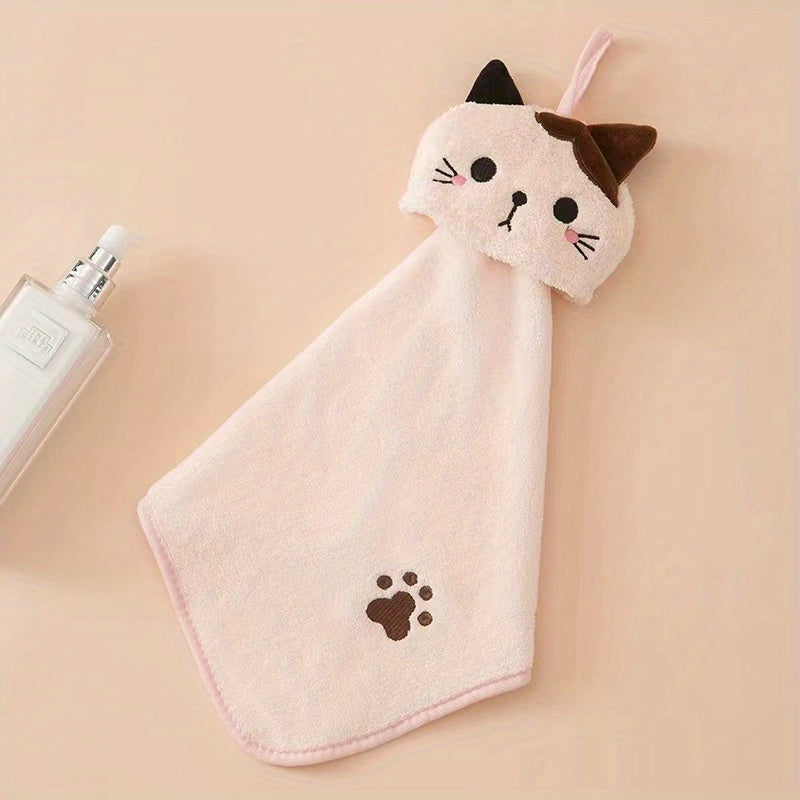 Cartoon Cat Hand Towel Soft Coral Fleece Pocket Towel for Bathroom and Kitchen