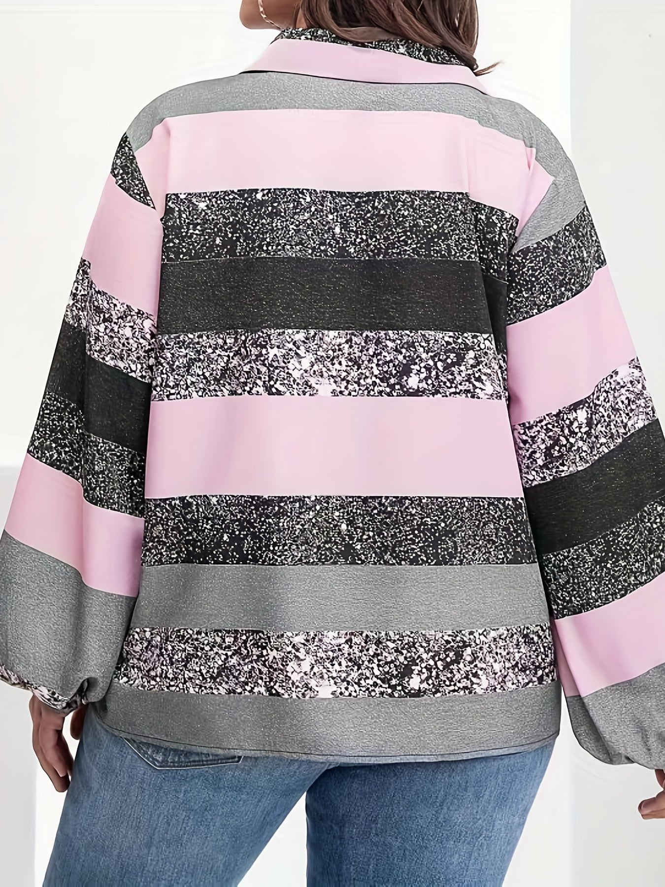  Colorblock Stripe Print Lantern Sleeve Blouse