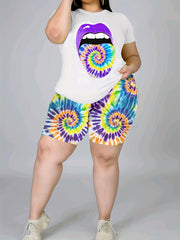  Lip Print Tee & Tie Dye Shorts Set Women's Plus Casual 2pcs Outfits