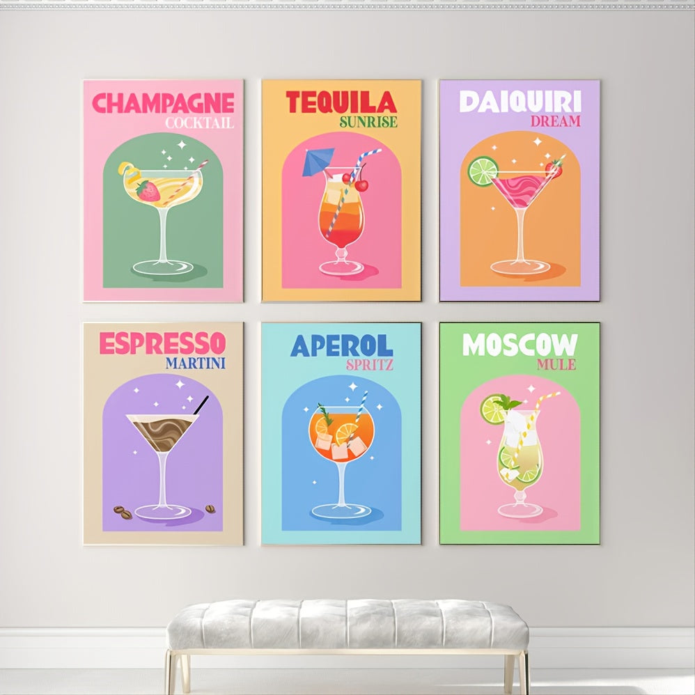 6pcs Colorful Cocktail Printed Paintings For Bar Cart Gallery Retro Wall Arts