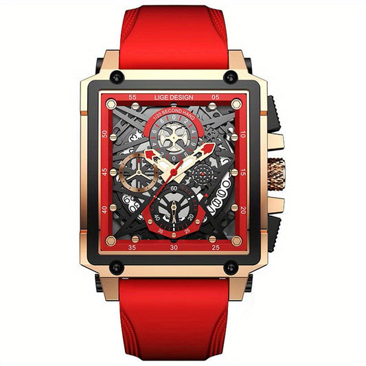 LIGE Boy's Top Hollow Square Sport Watch Leather Strap Waterproof Quartz WristWa