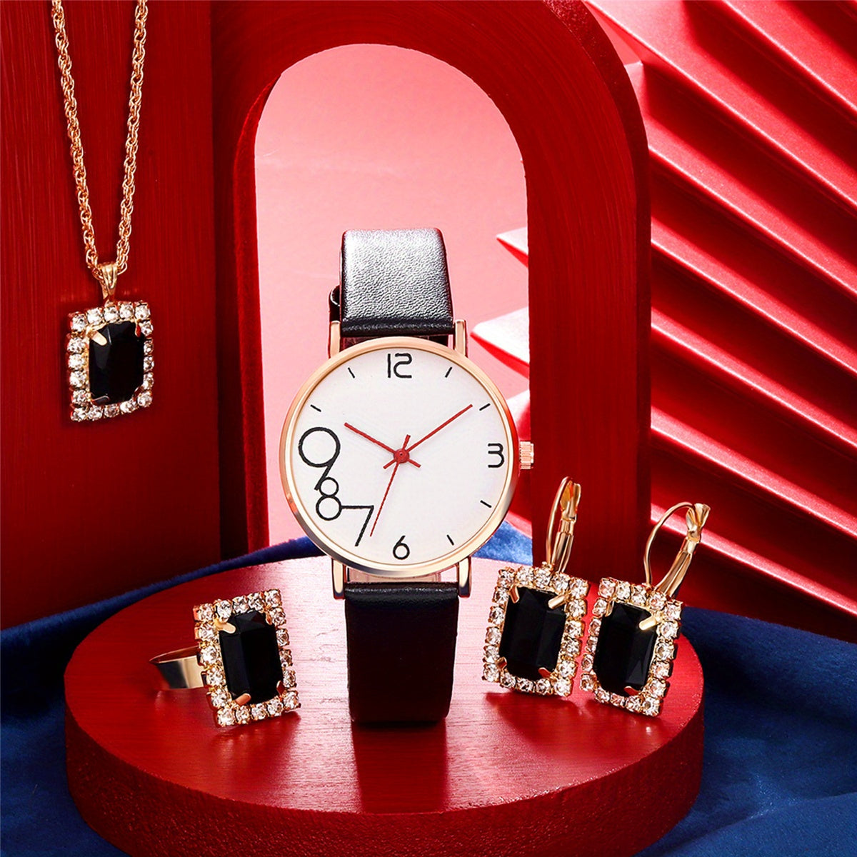 Fashionable High School Digital Red Leather Quartz Watch Set