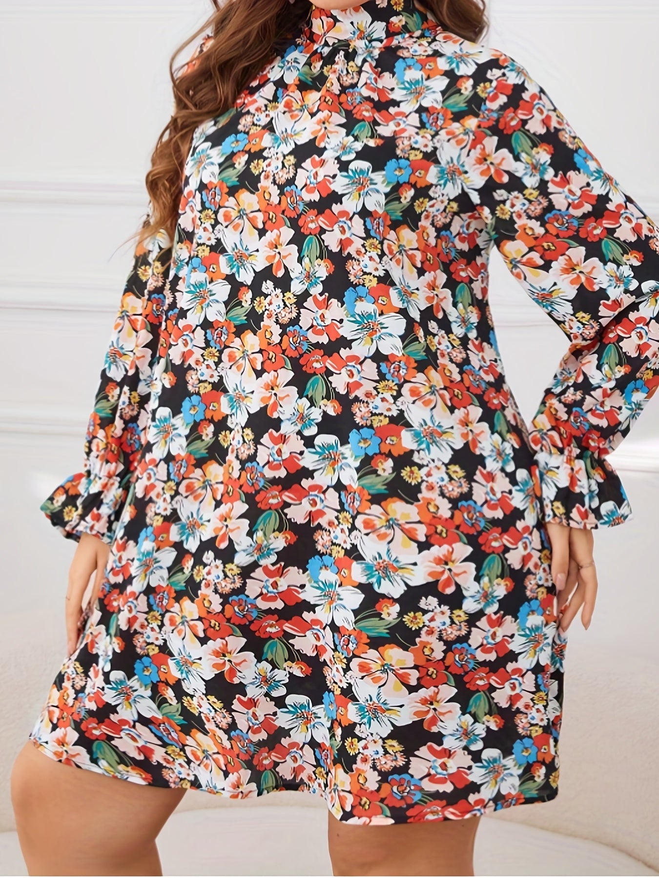 Floral Print Flounce Sleeve Tie Back High Neck Mini Dress