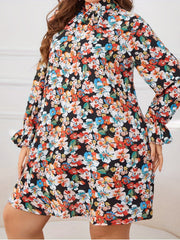 Floral Print Flounce Sleeve Tie Back High Neck Mini Dress
