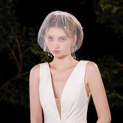 Vintage Style Bridal Veil with Beaded Detail Mesh Overlay for Wedding Photos