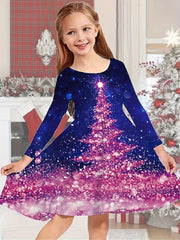 Girls Christmas Tree Print Crew Neck Dress
