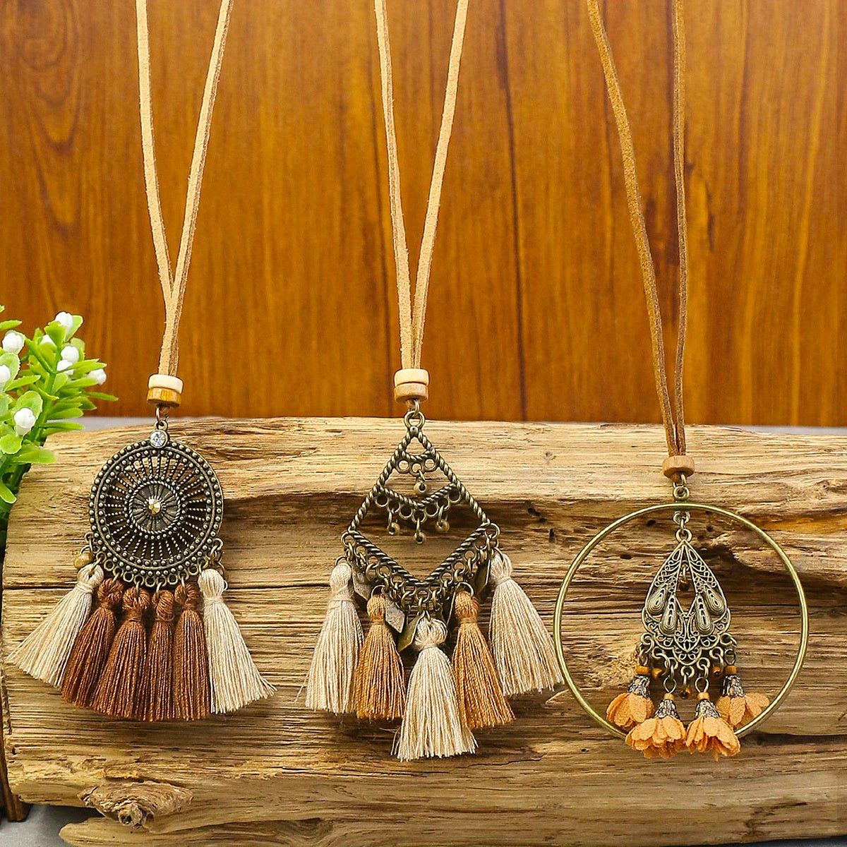 Boho Ethnic Tassel Pendant Necklaces Retro Rhinestone Drip Oil Alloy Necklace