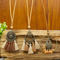 Boho Ethnic Tassel Pendant Necklaces Retro Rhinestone Drip Oil Alloy Necklace