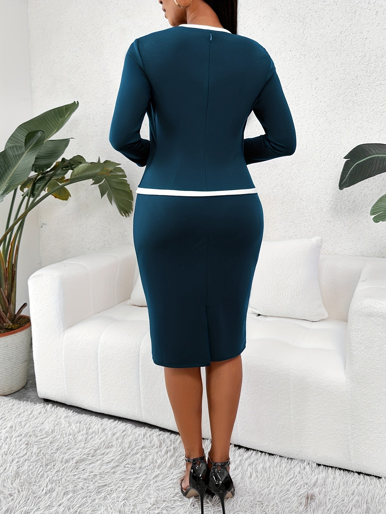 Contrast Trim Bodycon Dress Long Sleeve for Office & Work