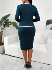 Contrast Trim Bodycon Dress Long Sleeve for Office & Work