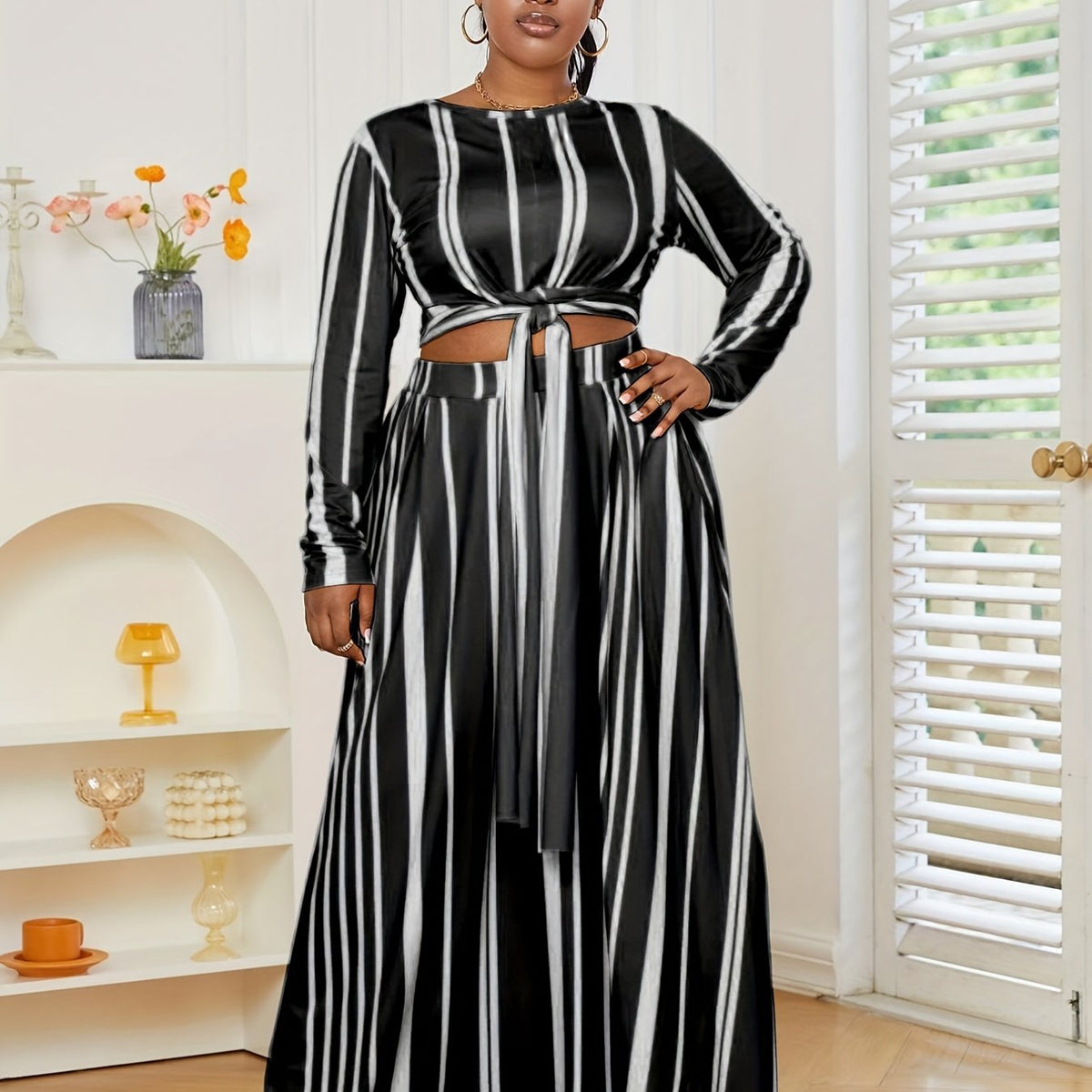  Striped Knot Front Crop Top & Maxi Skirt Set