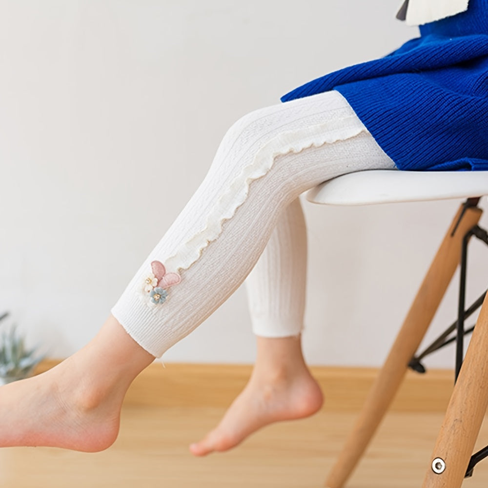 Girls Side Frill Trim Knit Leggings Flower Bunny Footless Tights Pants