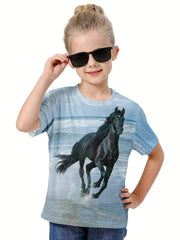 3D Horse On The Beach Graphic Short Sleeve T shirt Boys Girls Summer Pullover