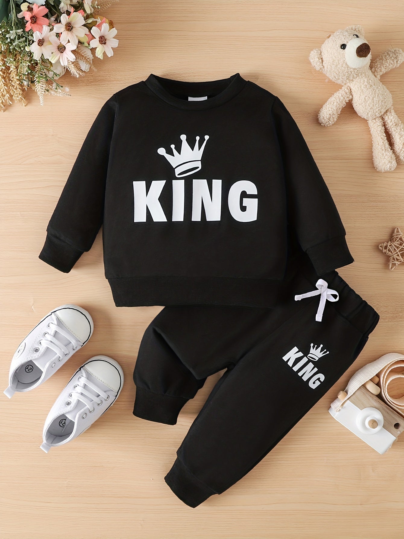 Toddler Boy Sweatshirt Set with KING Letter Print