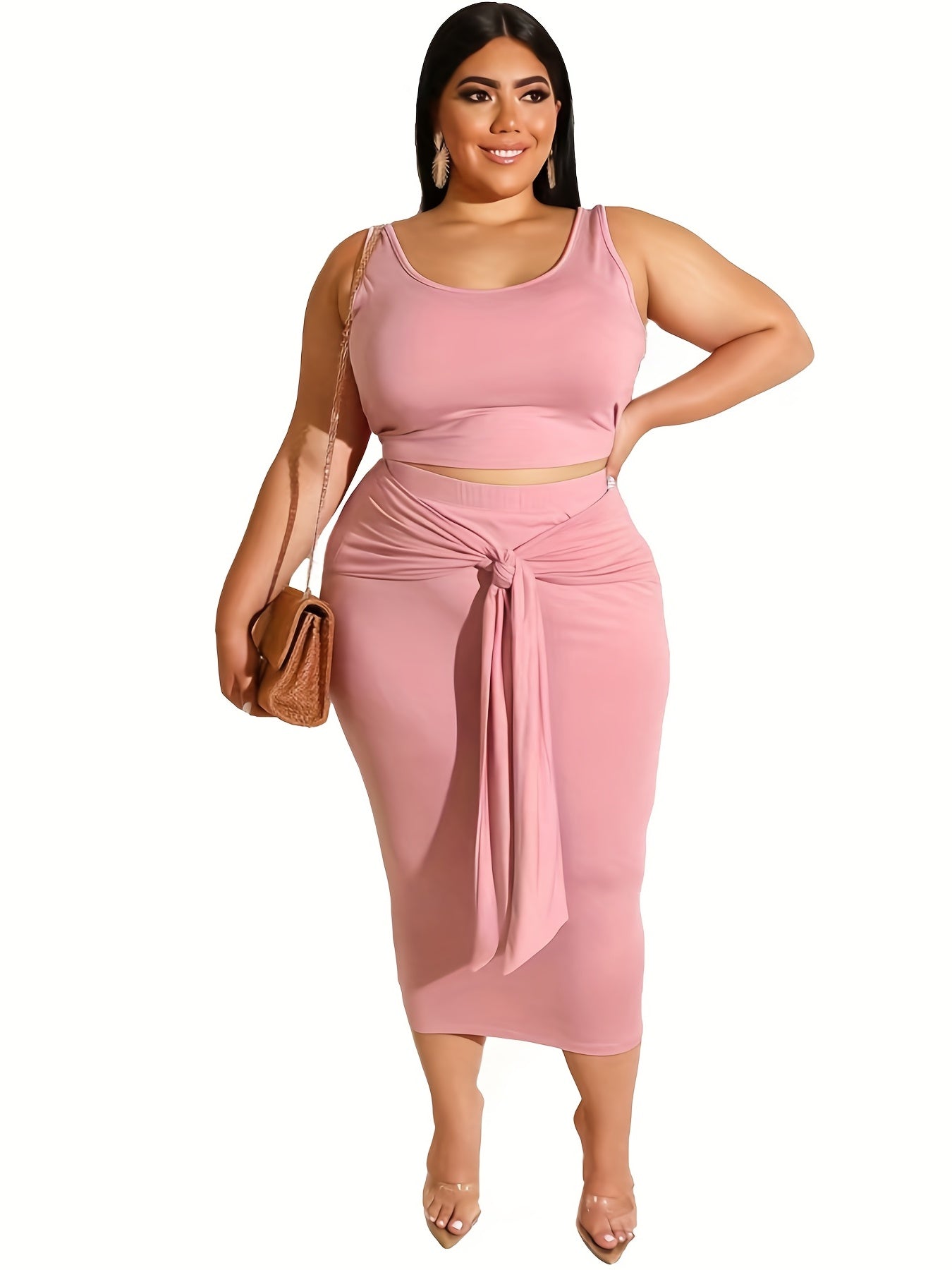  Solid Crop Tops & Pencil Skirt Set Women's Slight Stretch 2pcs Outfits