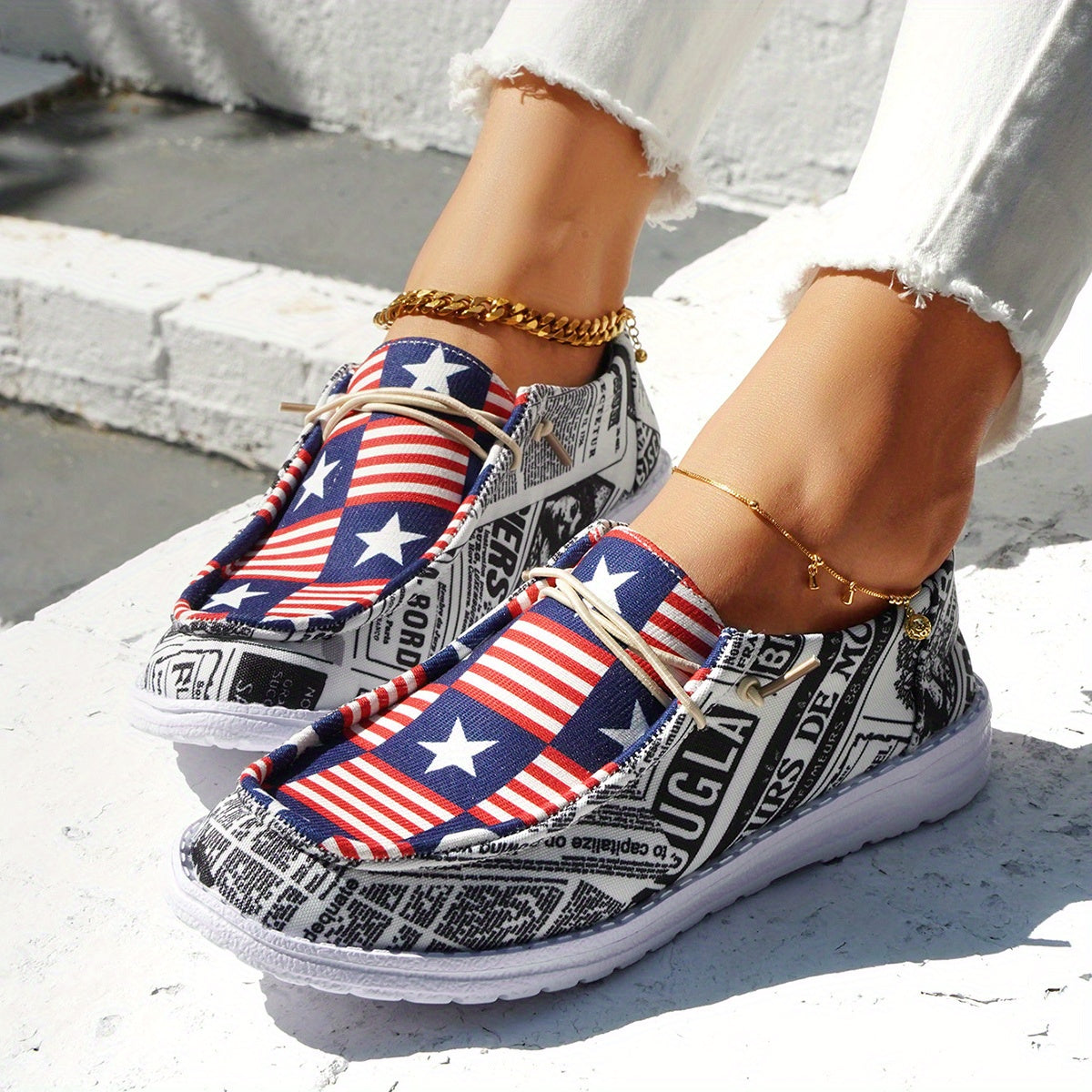 Women's Printed Canvas Shoes Lace Up Sneakers Lightweight - 4th Of July