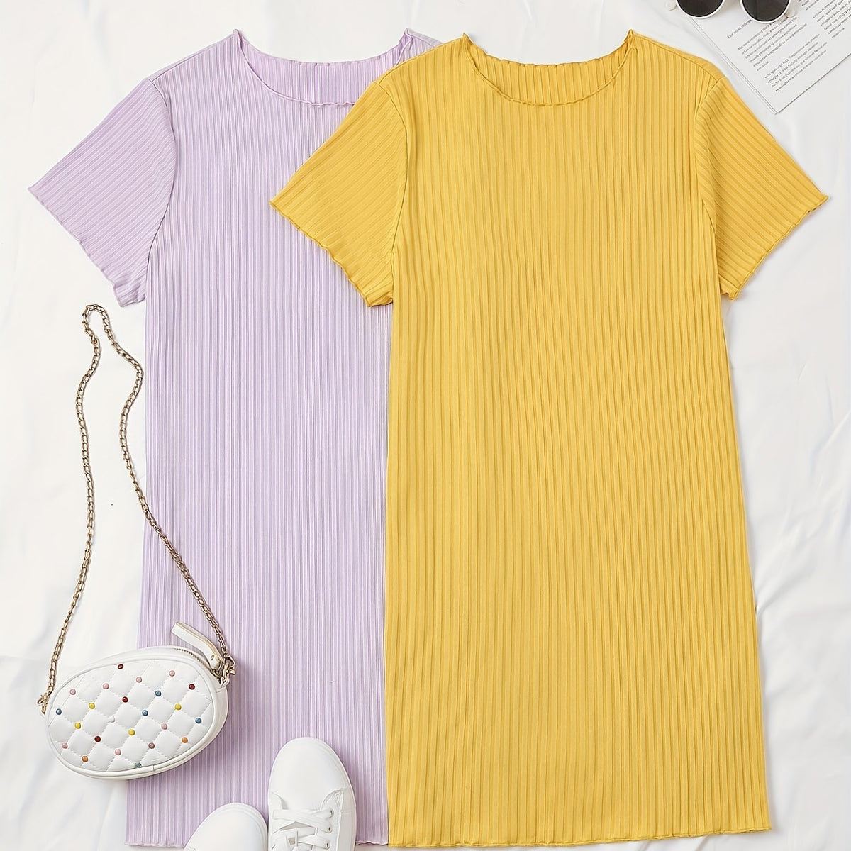 2 Pack Plus Size Ribbed Short Sleeve Dress Set Women's Plus Solid Round Neck