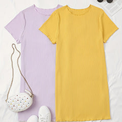 2 Pack Plus Size Ribbed Short Sleeve Dress Set Women's Plus Solid Round Neck