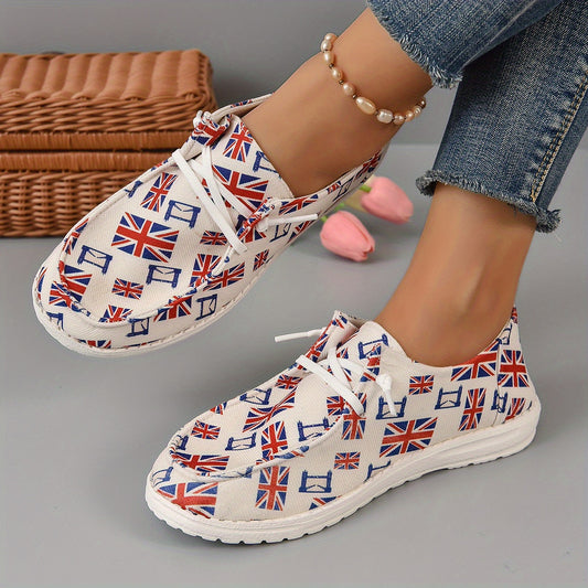 Women's Flag Pattern Boat Shoes Lace Up Slip on Canvas Shoes
