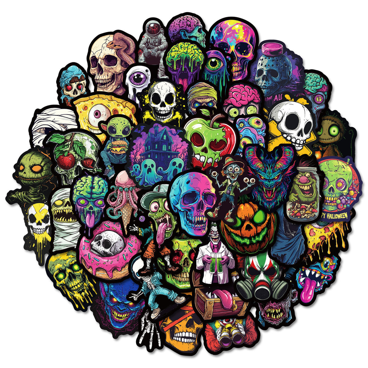 50 Neon Skull Stickers Waterproof Vinyl Decals for Laptops Water Bottles Phones