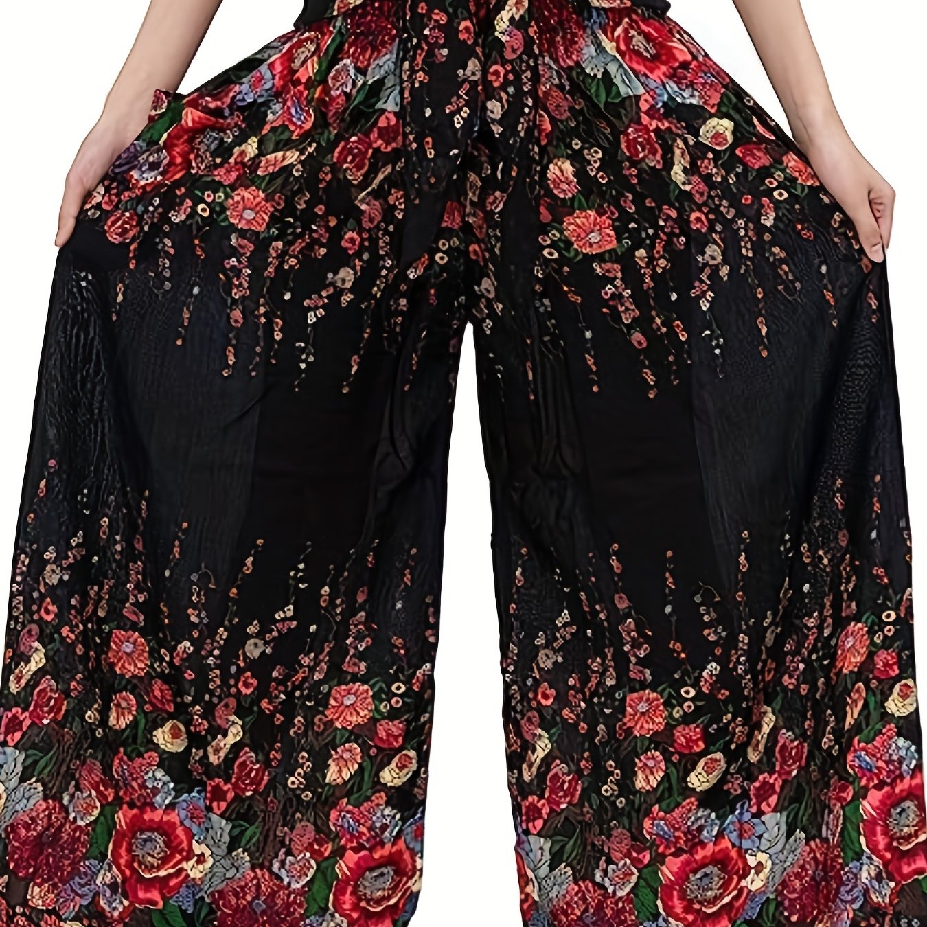Floral Print High Rise Wide Leg Trousers With Belt