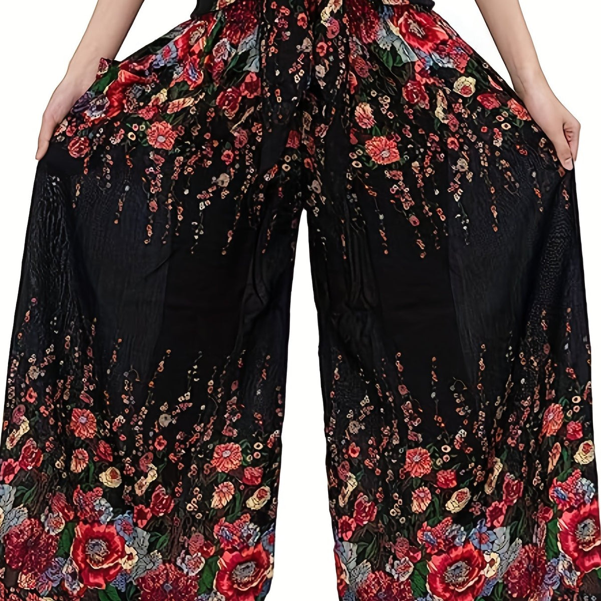 Floral Print High Rise Wide Leg Trousers With Belt
