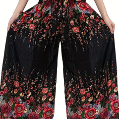 Floral Print High Rise Wide Leg Trousers With Belt