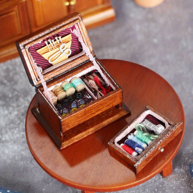 Vintage Sewing Kit Box Wooden Needlework Scissors Buttons Threads