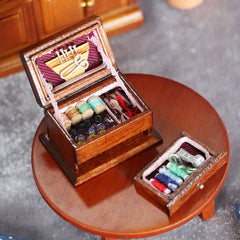 Vintage Sewing Kit Box Wooden Needlework Scissors Buttons Threads
