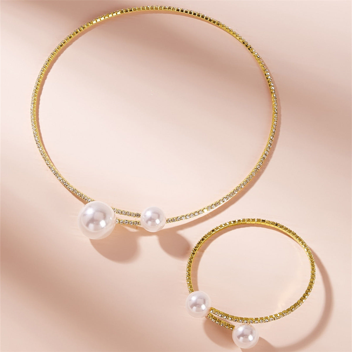 Rhinestone Faux Pearl Collar Necklace & Bracelet Set