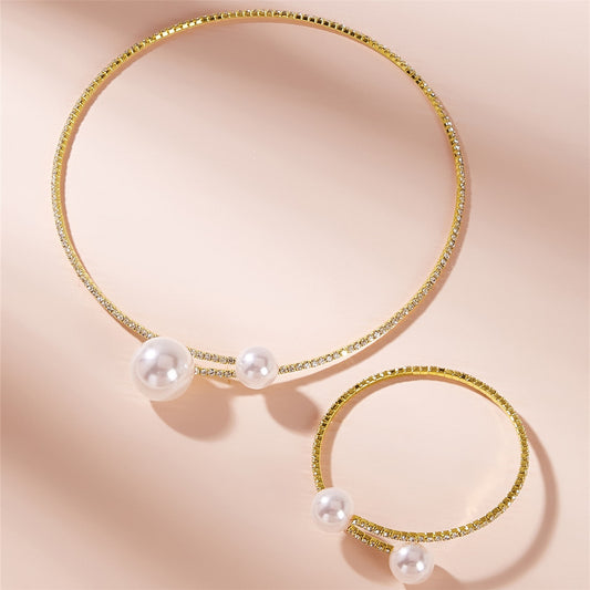 Rhinestone Faux Pearl Collar Necklace & Bracelet Set
