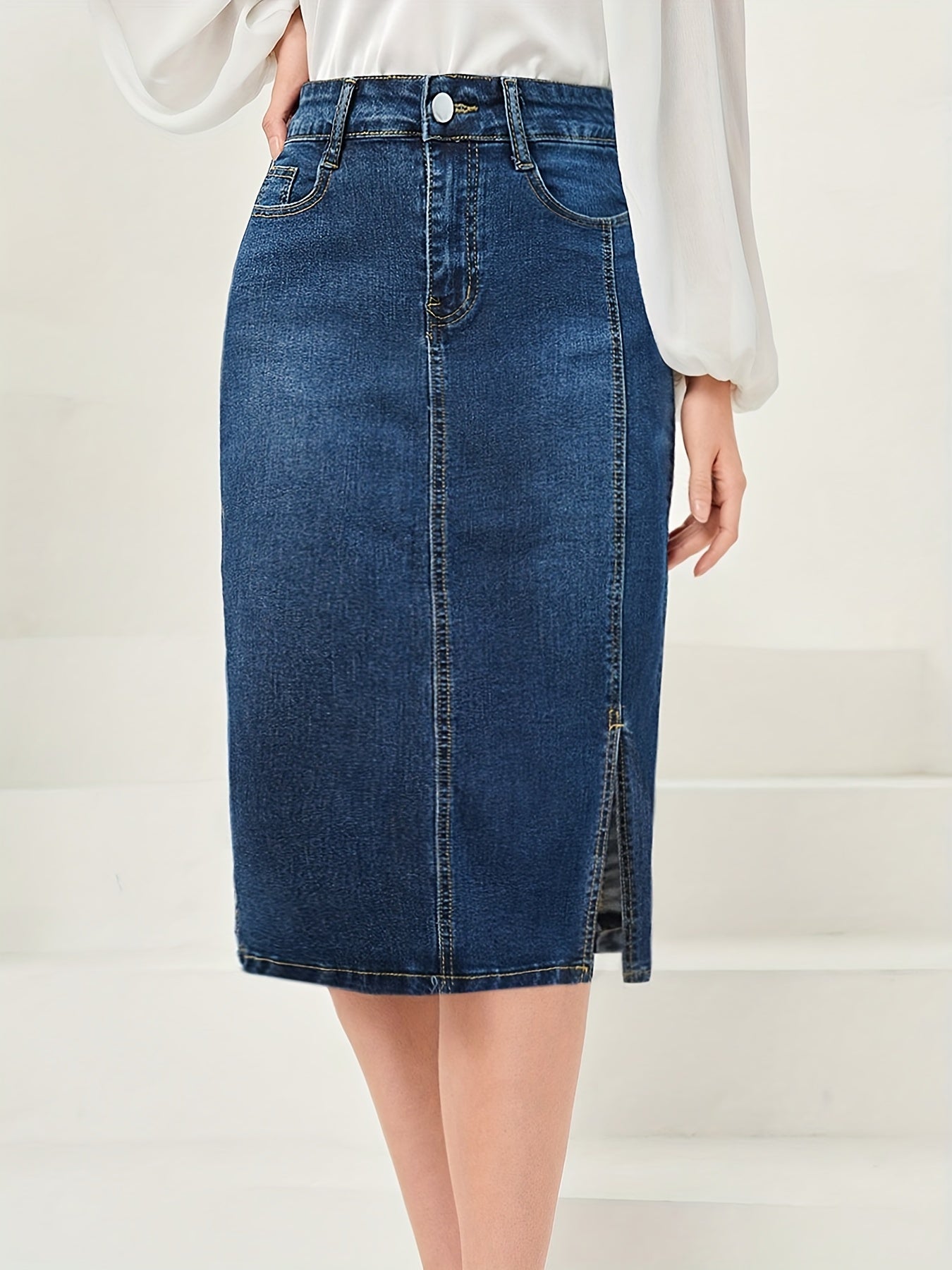 Vintage Washed Midi Denim Skirt Solid Slash Pocket Women's Jeans