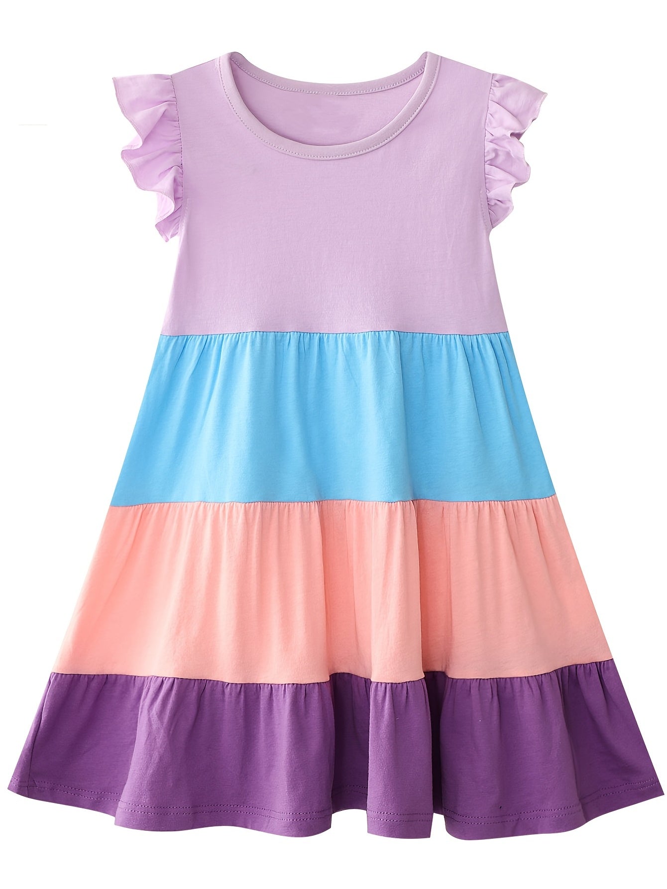 Girls Ruffled Sleeves Crew Neck Block Cotton Loose Dress