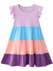 Girls Ruffled Sleeves Crew Neck Block Cotton Loose Dress
